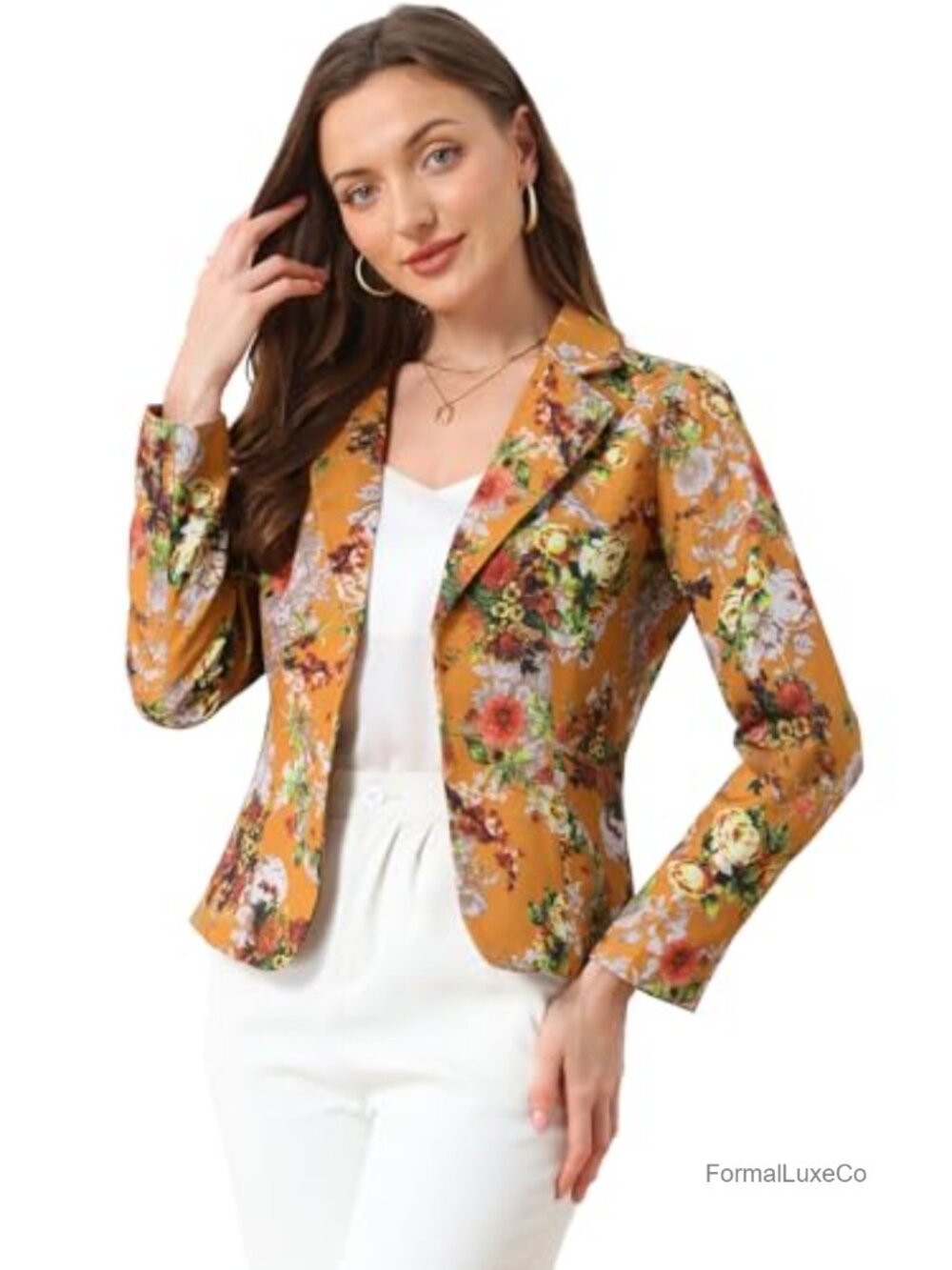 Cropped Blazer Floral Printed Suit Jacket Open Front Long Sleeve
